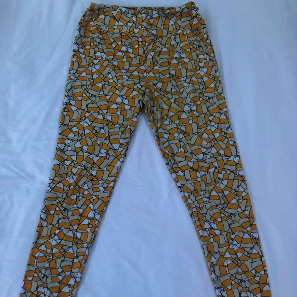 LuLaRoe leggings, orange, yellow and white colors, candy corn pattern, Halloween
